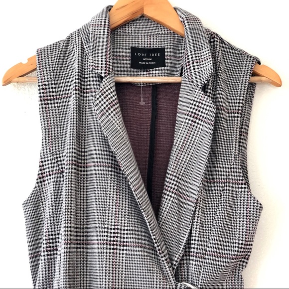 Houndstooth Printed Long Collar Vest with Belt - Picture 3 of 7